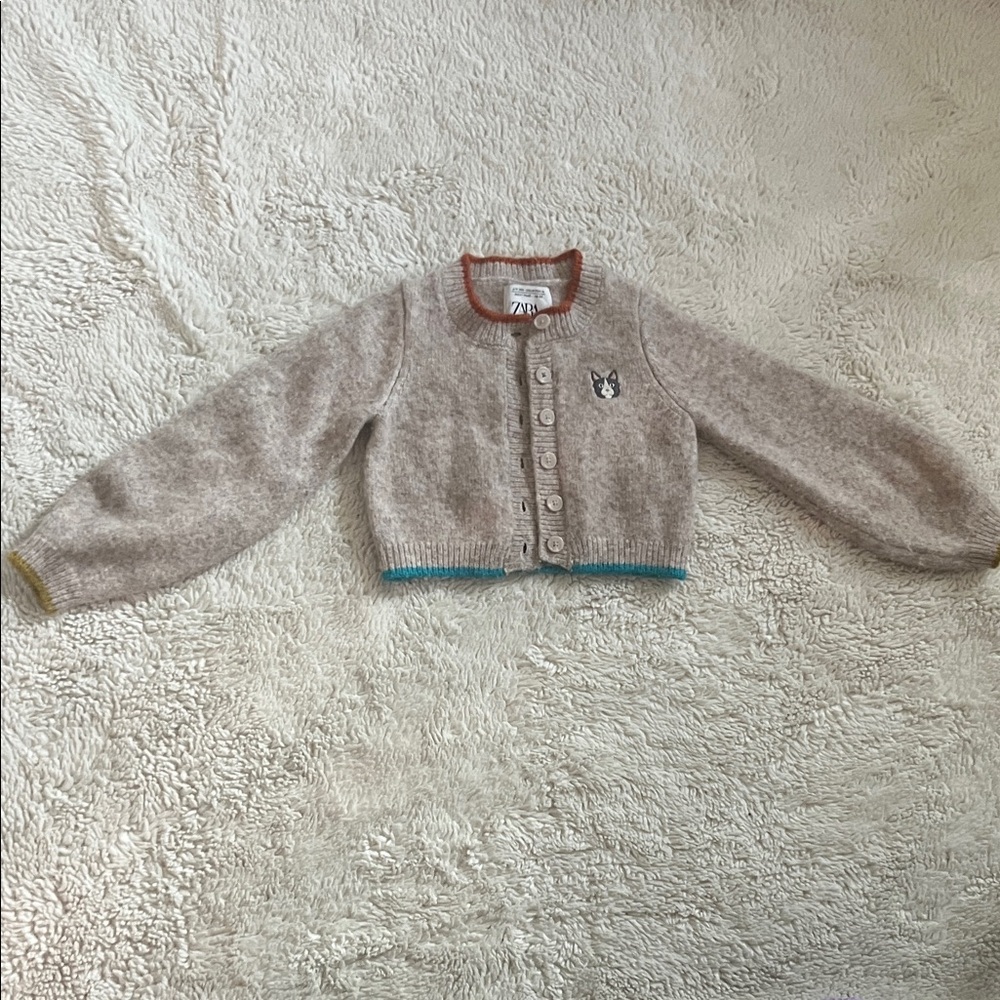 Zara kids Beige Cat patch wool blend Cardigan with Colorful Trim